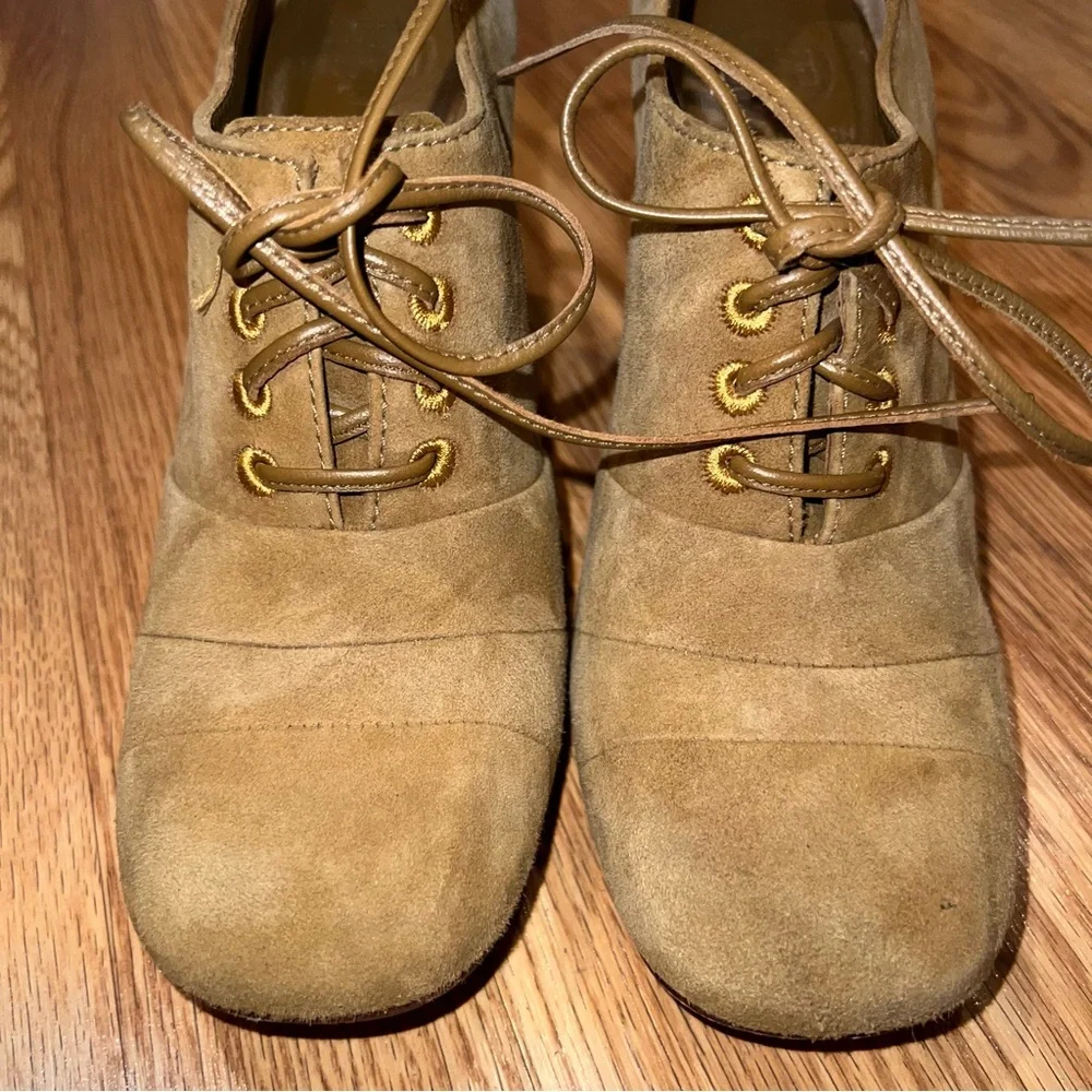 Tory Burch‎ Tan Suede Leather Lace Up Oxford 4” Heels 9.5 M